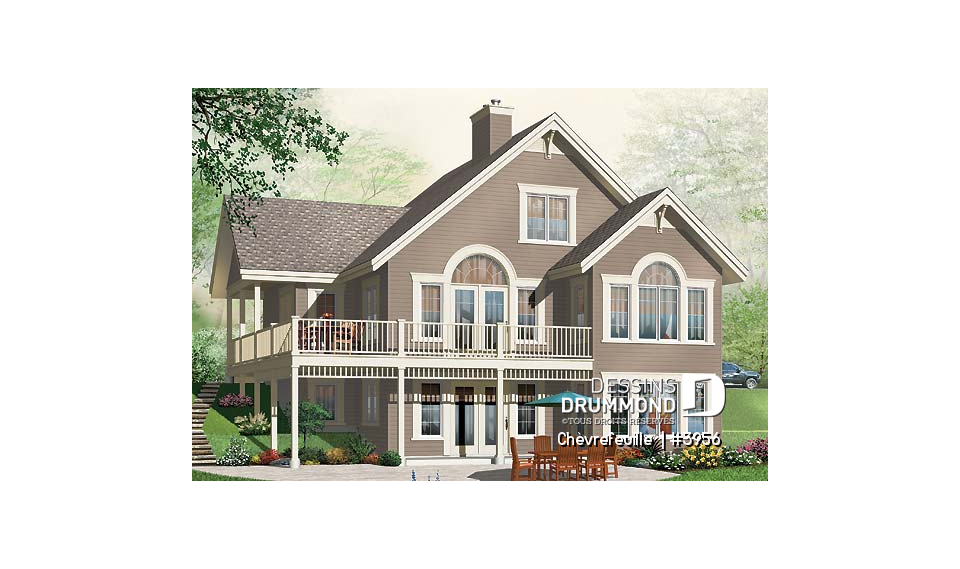 Vue arrière - MODÈLE DE BASE - Plan de maison champêtre de 3 à 6 chambres possible, beaucoup de lumière, coin bureau, mezzanine - Chèvrefeuille 