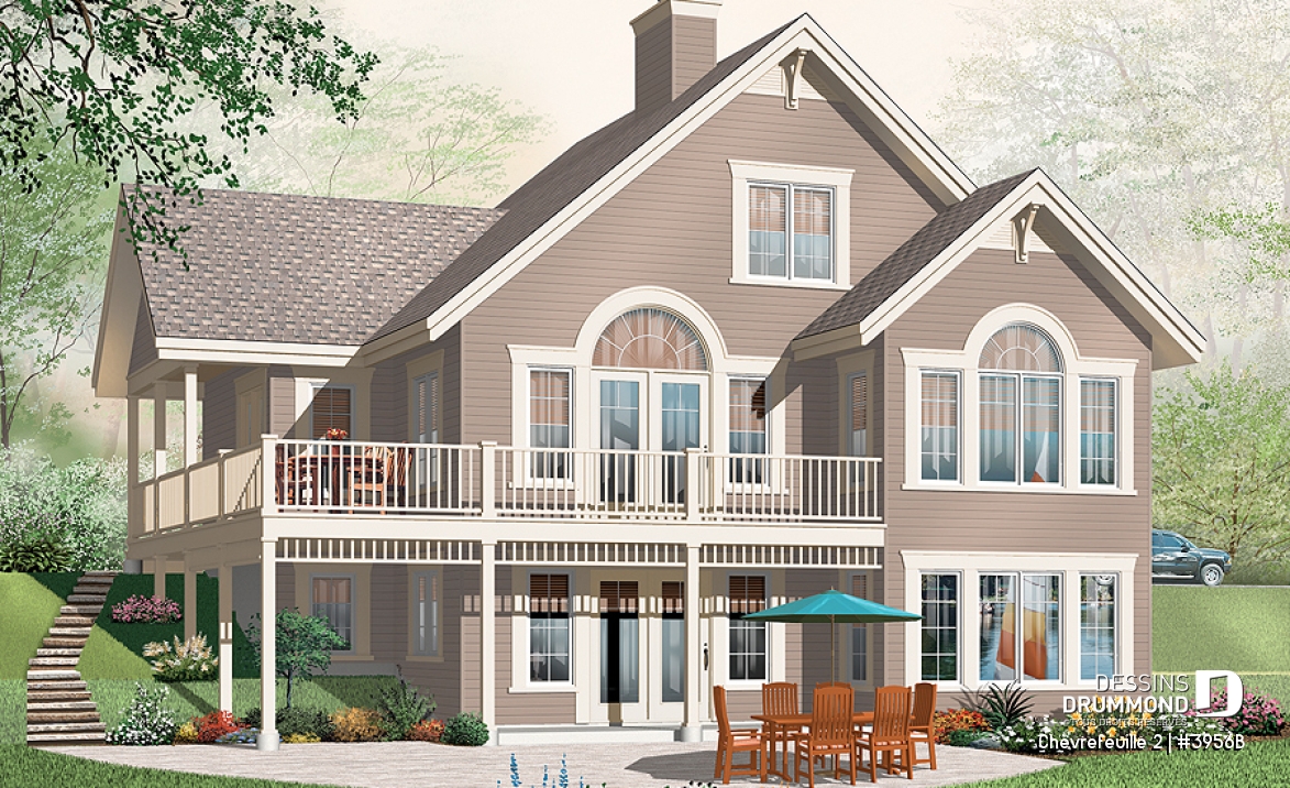 Vue arrière - MODÈLE DE BASE - Plan de chalet ou maison champêtre, 5 chambres, bachelor au sous-sol, mezzanine, coin bureau - Chèvrefeuille 2