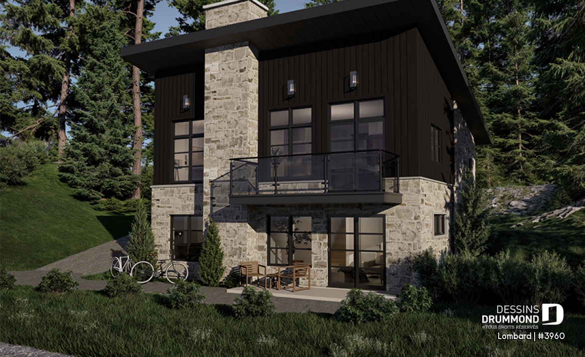 Vue avant - MODÈLE DE BASE - Plan de chalet moderne rustique – plan lumineux avec foyer central, 3 chambres et sous-sol modulable - Lombard