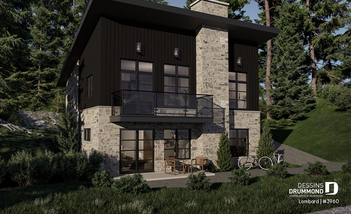 Vue avant - MODÈLE DE BASE - Plan de chalet moderne rustique – plan lumineux avec foyer central, 3 chambres et sous-sol modulable - Lombard