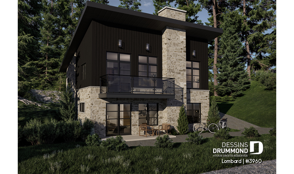 Vue avant - MODÈLE DE BASE - Plan de chalet moderne rustique – plan lumineux avec foyer central, 3 chambres et sous-sol modulable - Lombard