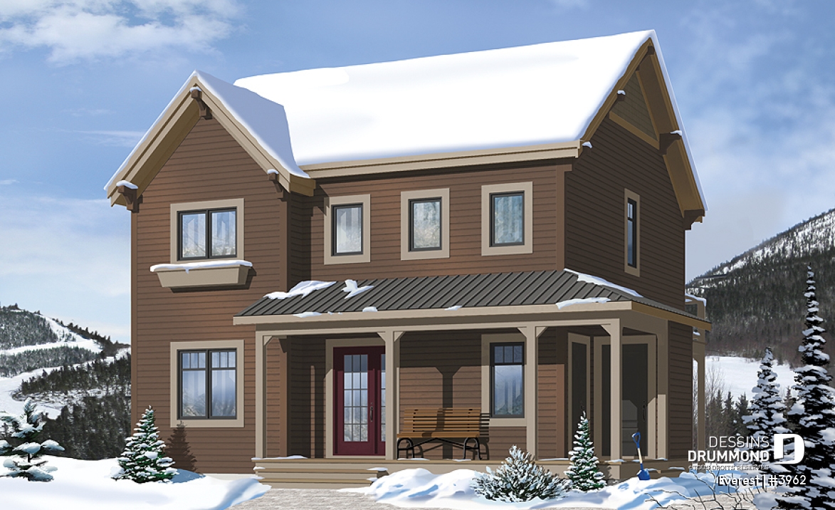 Vue avant - MODÈLE DE BASE - Maison genre chalet de ski, plancher inversé, aire ouverte à l'étage, foyer pour cuisine et salon, 3 chambres - Everest