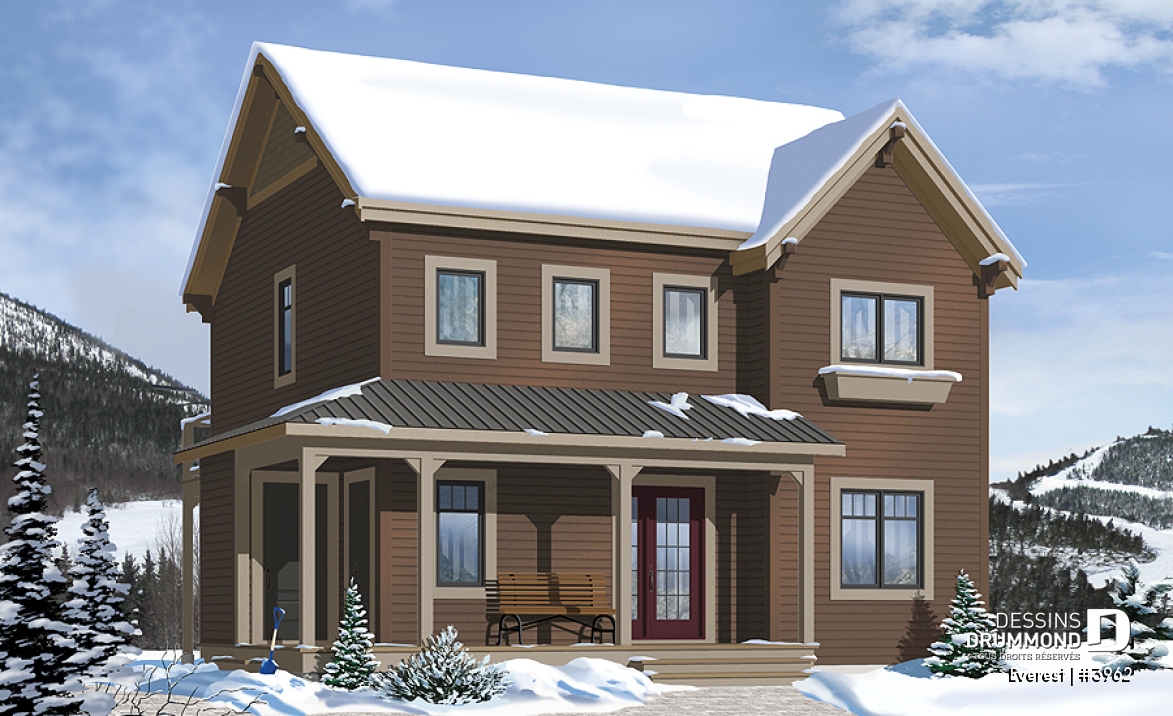 Vue avant - MODÈLE DE BASE - Maison genre chalet de ski, plancher inversé, aire ouverte à l'étage, foyer pour cuisine et salon, 3 chambres - Everest