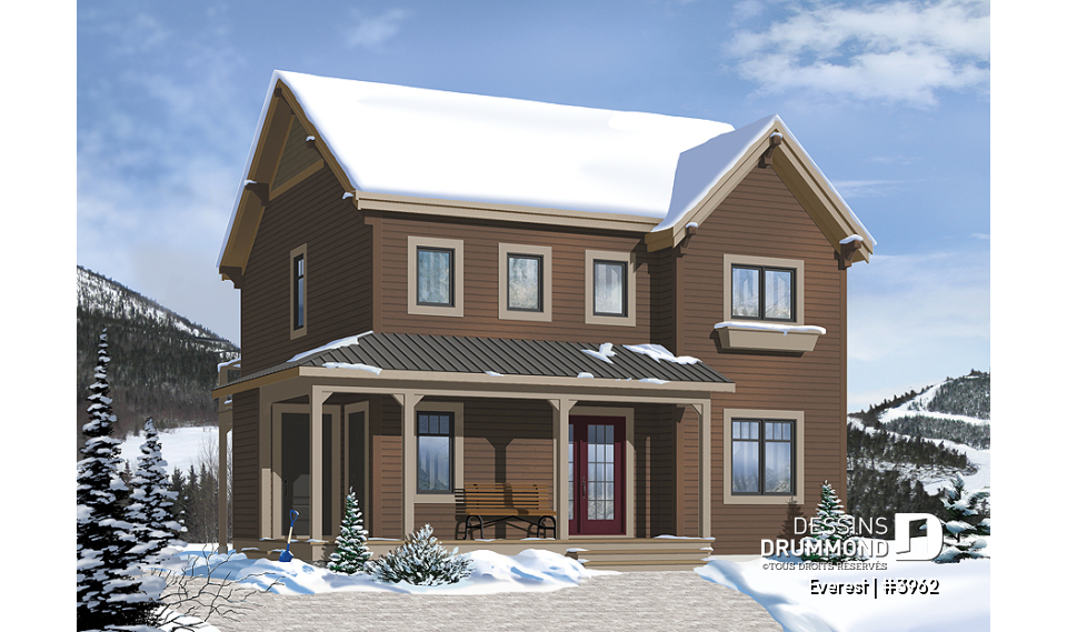 Vue avant - MODÈLE DE BASE - Maison genre chalet de ski, plancher inversé, aire ouverte à l'étage, foyer pour cuisine et salon, 3 chambres - Everest