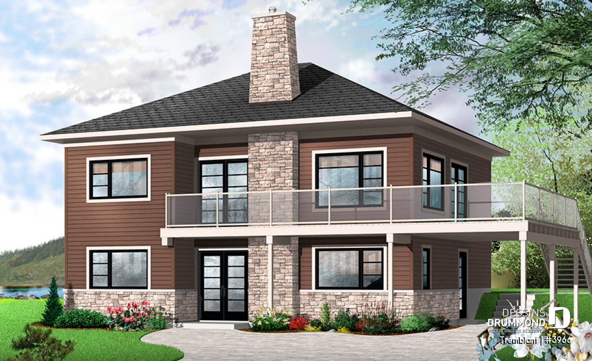 Vue avant - MODÈLE DE BASE - Plan de maison genre chalet nordique, grand balcon, 2 salons, 3 à 4 chambres, cuisine et séjour à l'étage - Tremblant