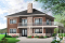 Vue avant - MODÈLE DE BASE - Plan de maison genre chalet nordique, grand balcon, 2 salons, 3 à 4 chambres, cuisine et séjour à l'étage - Tremblant