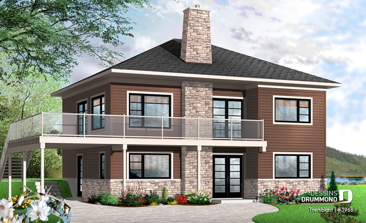 Vue avant - MODÈLE DE BASE - Plan de maison genre chalet nordique, grand balcon, 2 salons, 3 à 4 chambres, cuisine et séjour à l'étage - Tremblant