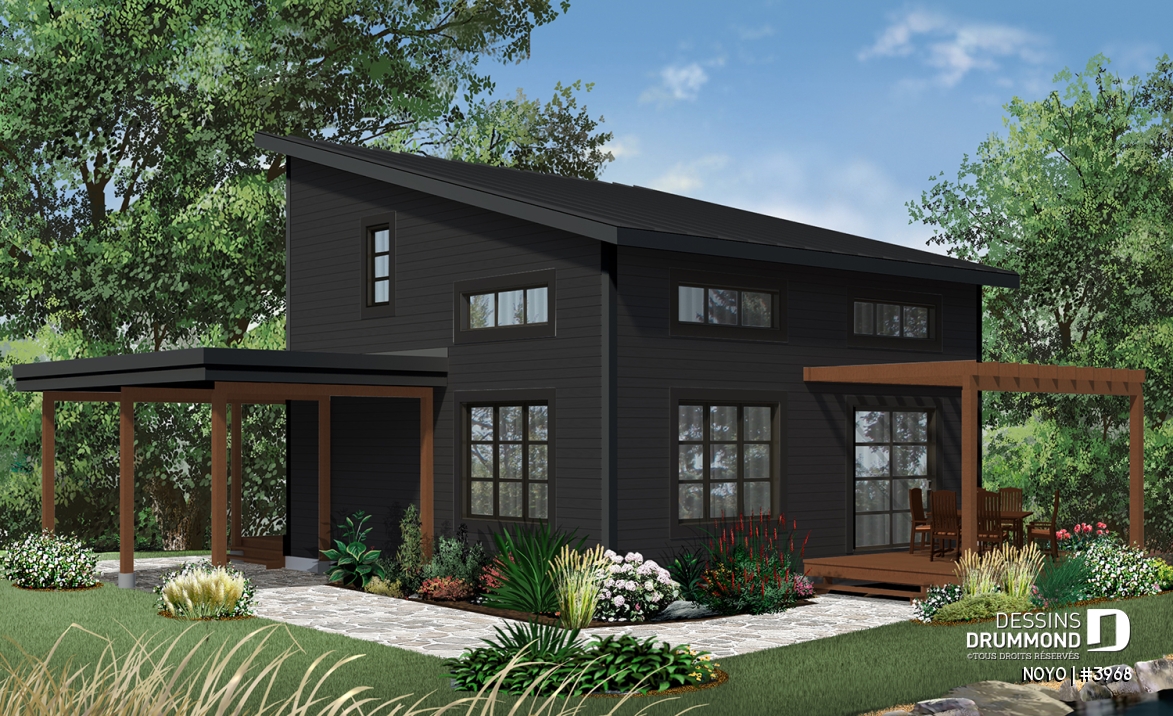 Version couleur no. 2 - Vue arrière - Chalet ou maison moderne, bon prix, espace ouvert, 2 chambres, balcon arrière semi-abrité - NOYO