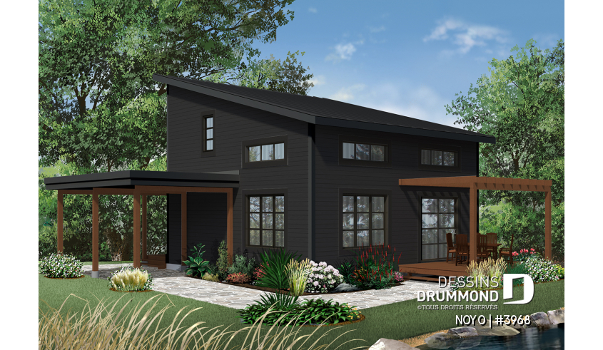 Version couleur no. 2 - Vue arrière - Chalet ou maison moderne, bon prix, espace ouvert, 2 chambres, balcon arrière semi-abrité - NOYO