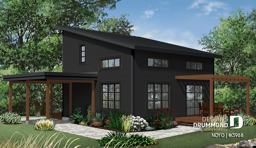 Version couleur no. 2 - Vue arrière - Chalet ou maison moderne, bon prix, espace ouvert, 2 chambres, balcon arrière semi-abrité - NOYO