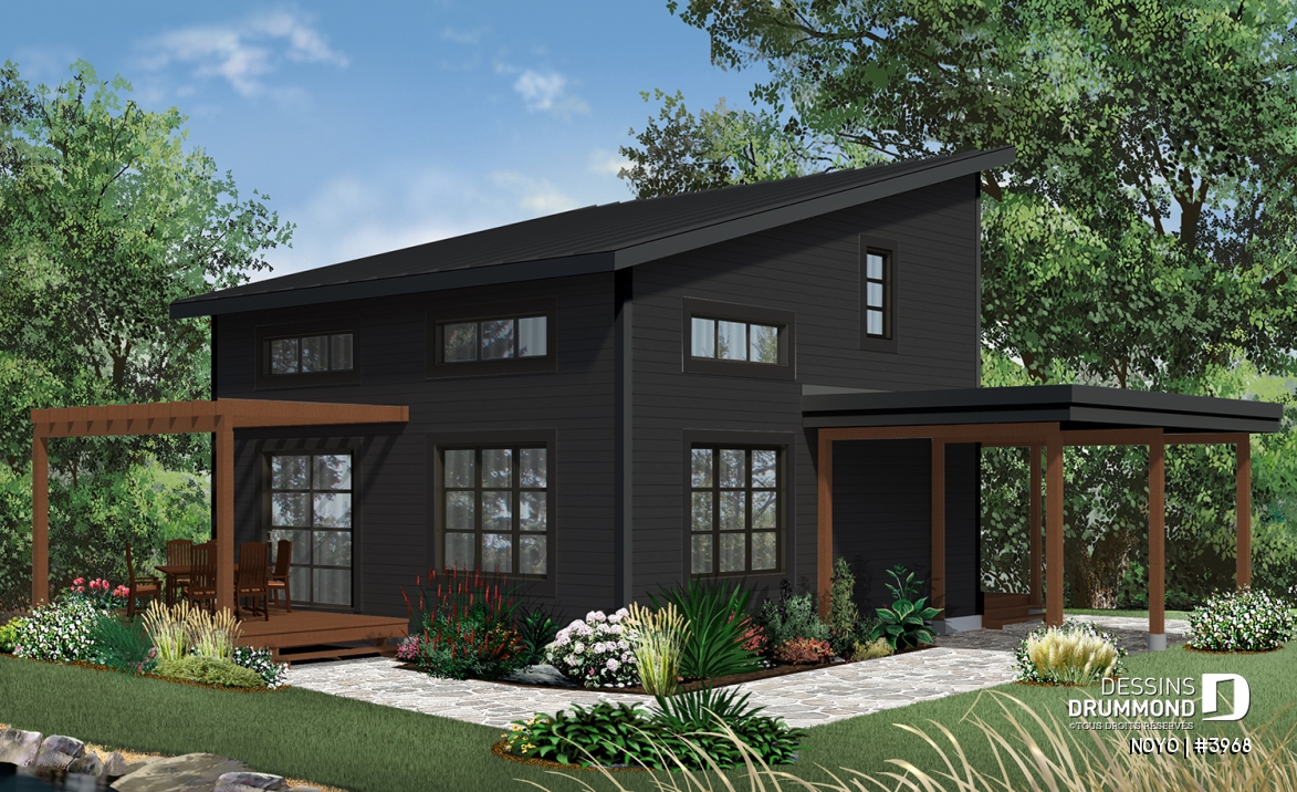 Version couleur no. 2 - Vue arrière - Chalet ou maison moderne, bon prix, espace ouvert, 2 chambres, balcon arrière semi-abrité - NOYO