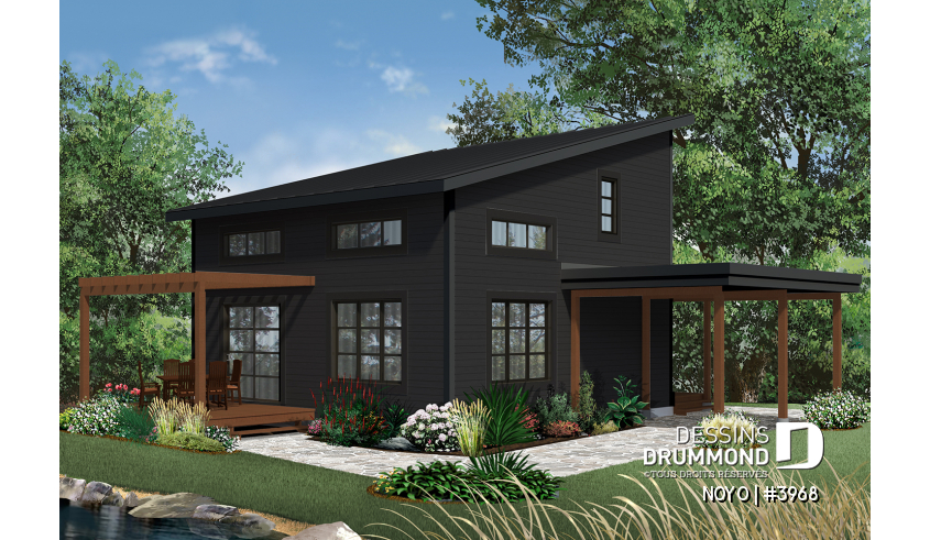Version couleur no. 2 - Vue arrière - Chalet ou maison moderne, bon prix, espace ouvert, 2 chambres, balcon arrière semi-abrité - NOYO