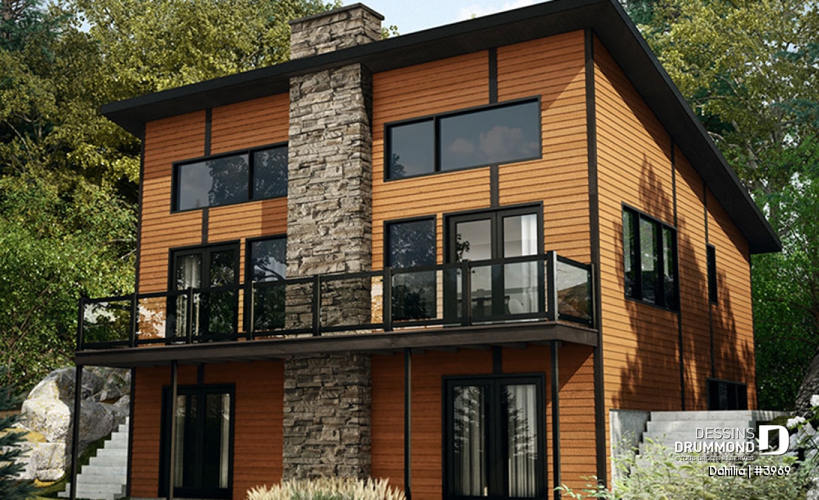 Vue arrière - MODÈLE DE BASE - Plan de chalet moderne avec rez-de-jardin, 3 chambres, terrasse abritée, vue panoramique et foyer central - Dahilia