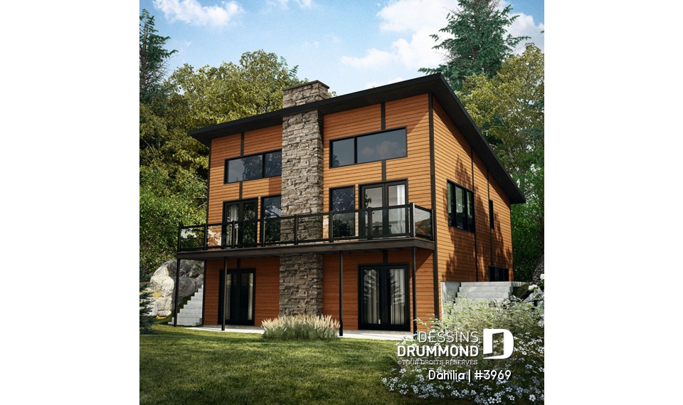 Vue arrière - MODÈLE DE BASE - Plan de chalet de ski moderne rustique – 3 chambres, vue panoramique et foyer central - Dahilia