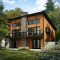 Vue arrière - MODÈLE DE BASE - Plan de chalet moderne avec rez-de-jardin, 3 chambres, terrasse abritée, vue panoramique et foyer central - Dahilia