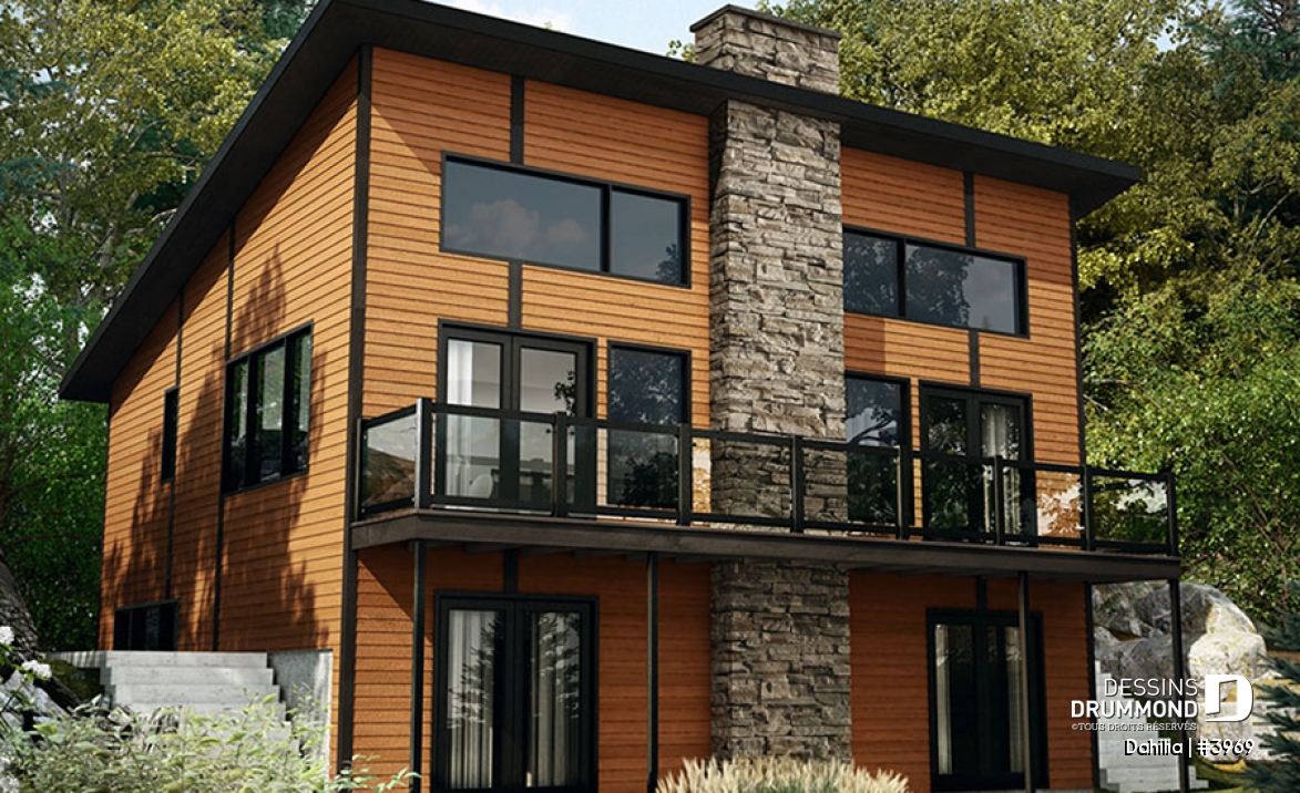 Vue arrière - MODÈLE DE BASE - Plan de chalet moderne avec rez-de-jardin, 3 chambres, terrasse abritée, vue panoramique et foyer central - Dahilia