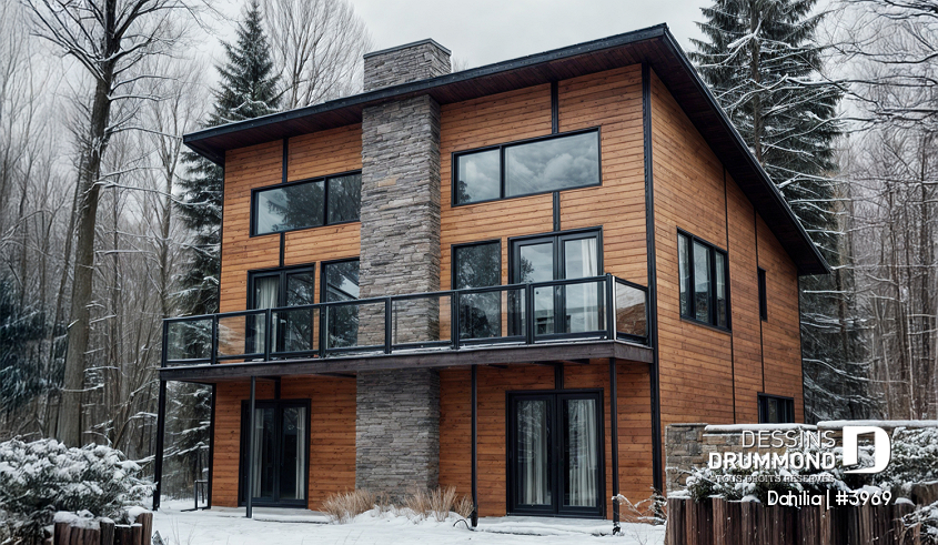 Vue avant - MODÈLE DE BASE - Plan de chalet de ski moderne rustique – 3 chambres, vue panoramique et foyer central - Dahilia