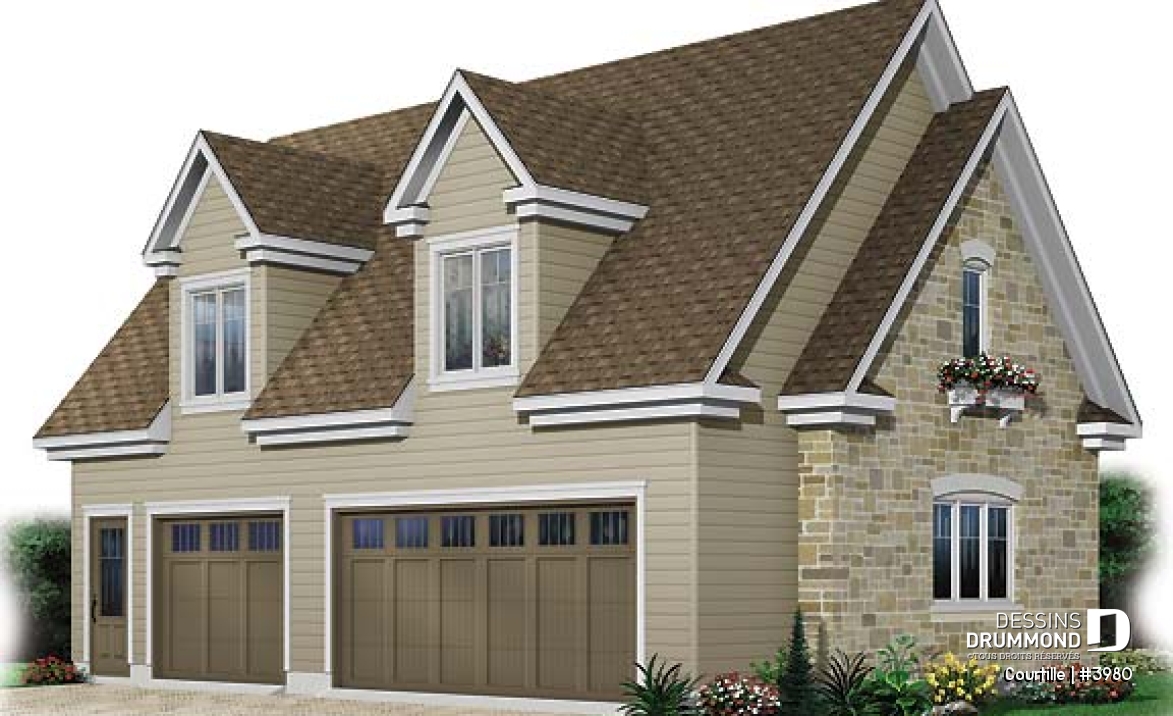 Vue avant - MODÈLE DE BASE - Plan de grand garage avec espace boni aménageable pour 3 voitures - Courtille