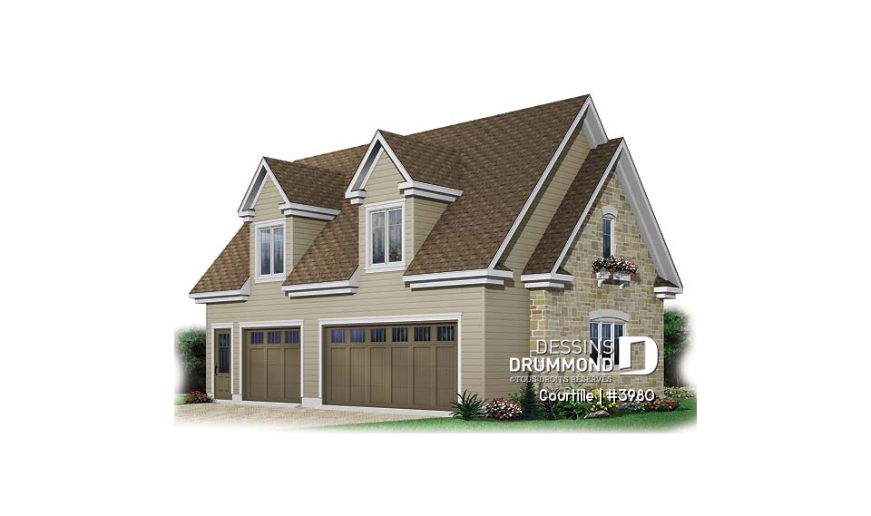 Vue avant - MODÈLE DE BASE - Plan de grand garage avec espace boni aménageable pour 3 voitures - Courtille