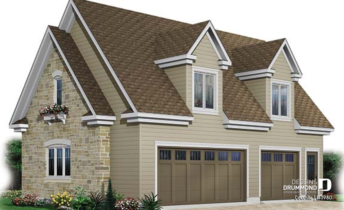 Vue avant - MODÈLE DE BASE - Plan de grand garage avec espace boni aménageable pour 3 voitures - Courtille