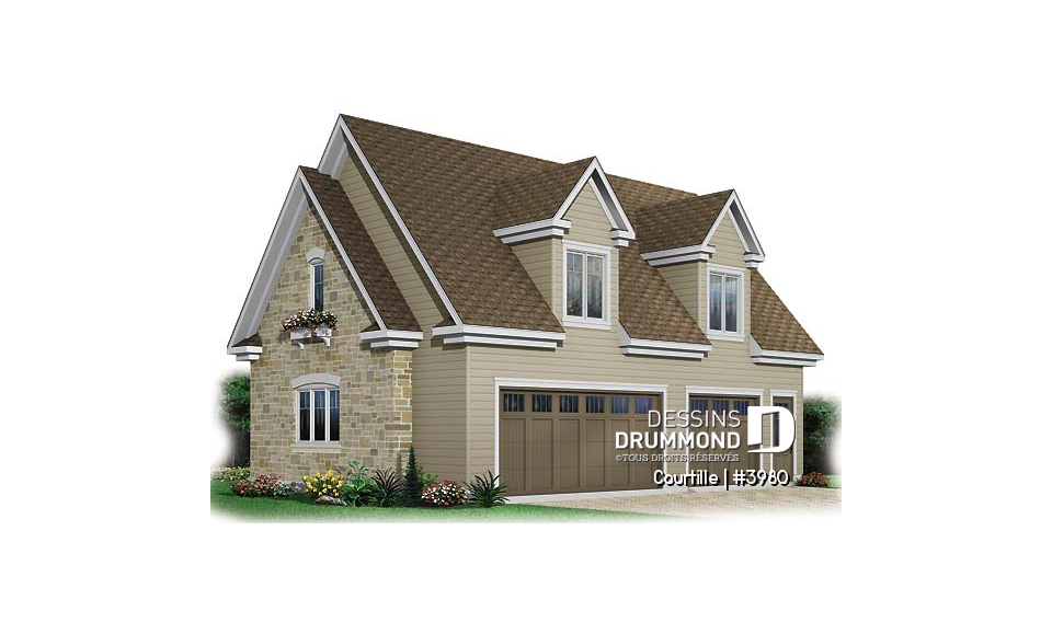 Vue avant - MODÈLE DE BASE - Plan de grand garage avec espace boni aménageable pour 3 voitures - Courtille