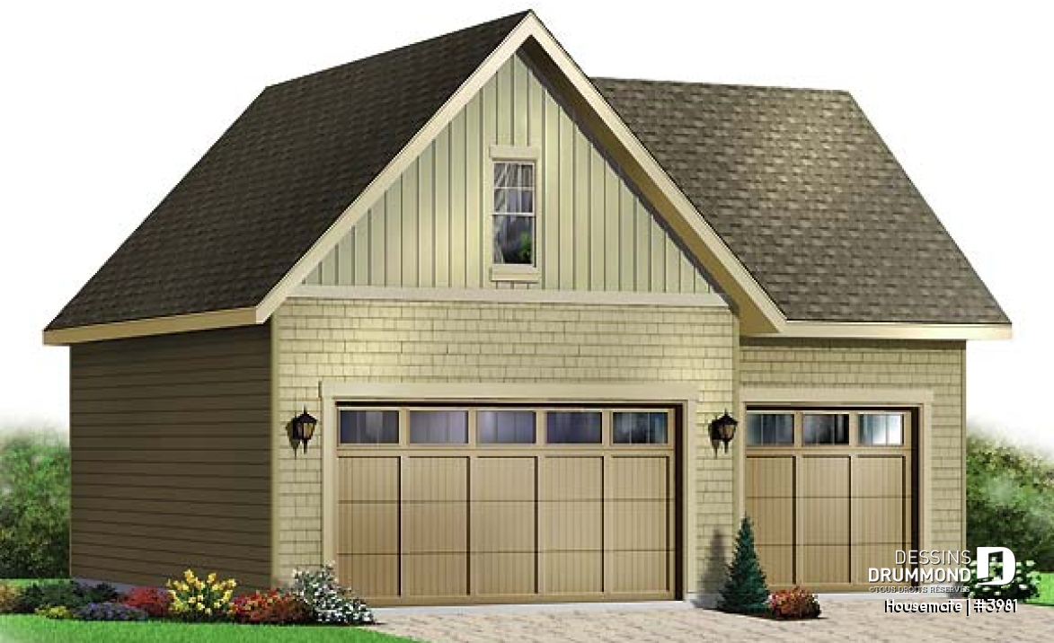 Vue avant - MODÈLE DE BASE - Plan de garage triple de style Cape Cod avec rangement boni - Housemate