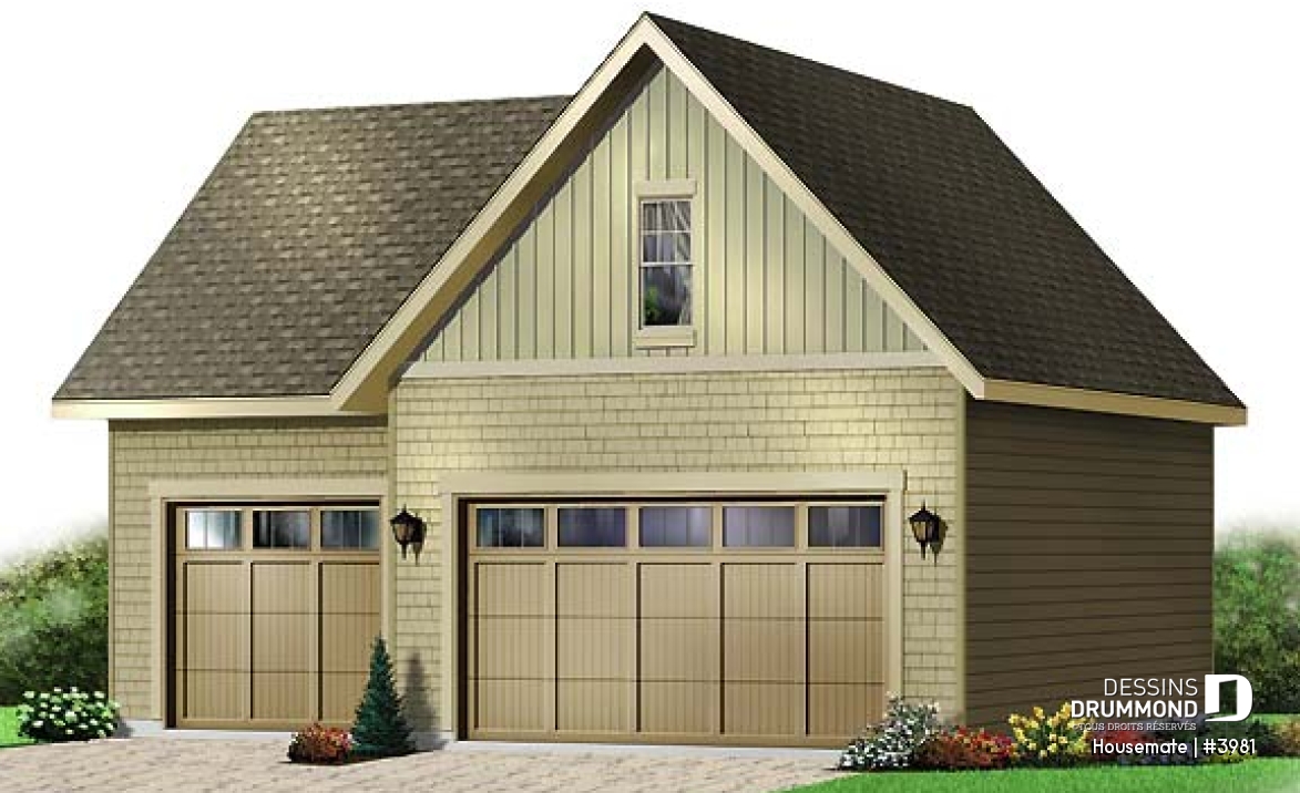 Vue avant - MODÈLE DE BASE - Plan de garage triple de style Cape Cod avec rangement boni - Housemate
