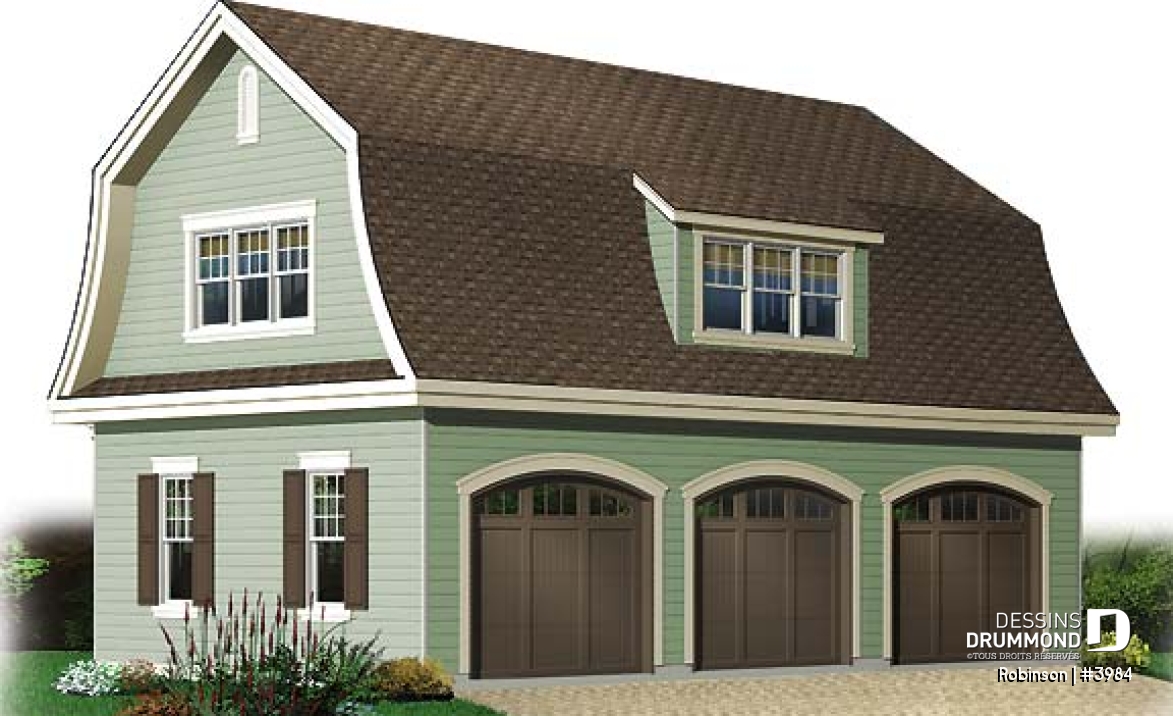 Vue avant - MODÈLE DE BASE - Plan de garage tiple de style fermette avec espace boni aménageable  - Robinson