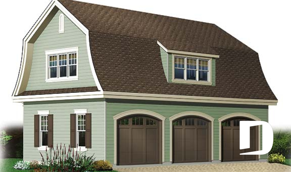 Vue avant - MODÈLE DE BASE - Plan de garage tiple de style fermette avec espace boni aménageable  - Robinson