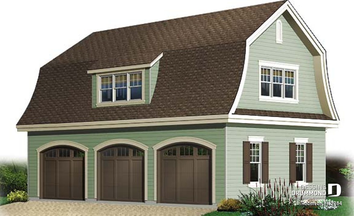 Vue avant - MODÈLE DE BASE - Plan de garage tiple de style fermette avec espace boni aménageable  - Robinson
