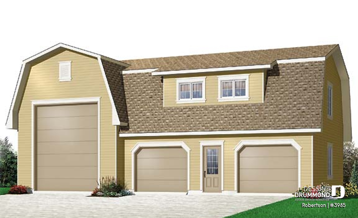 Vue avant - MODÈLE DE BASE - Plan de garage triple: garage pour véhicule récréatif (VR) et garage double pour 2 autres véhicules - Robertson