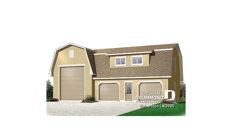 Vue avant - MODÈLE DE BASE - Plan de garage triple: garage pour véhicule récréatif (VR) et garage double pour 2 autres véhicules - Robertson