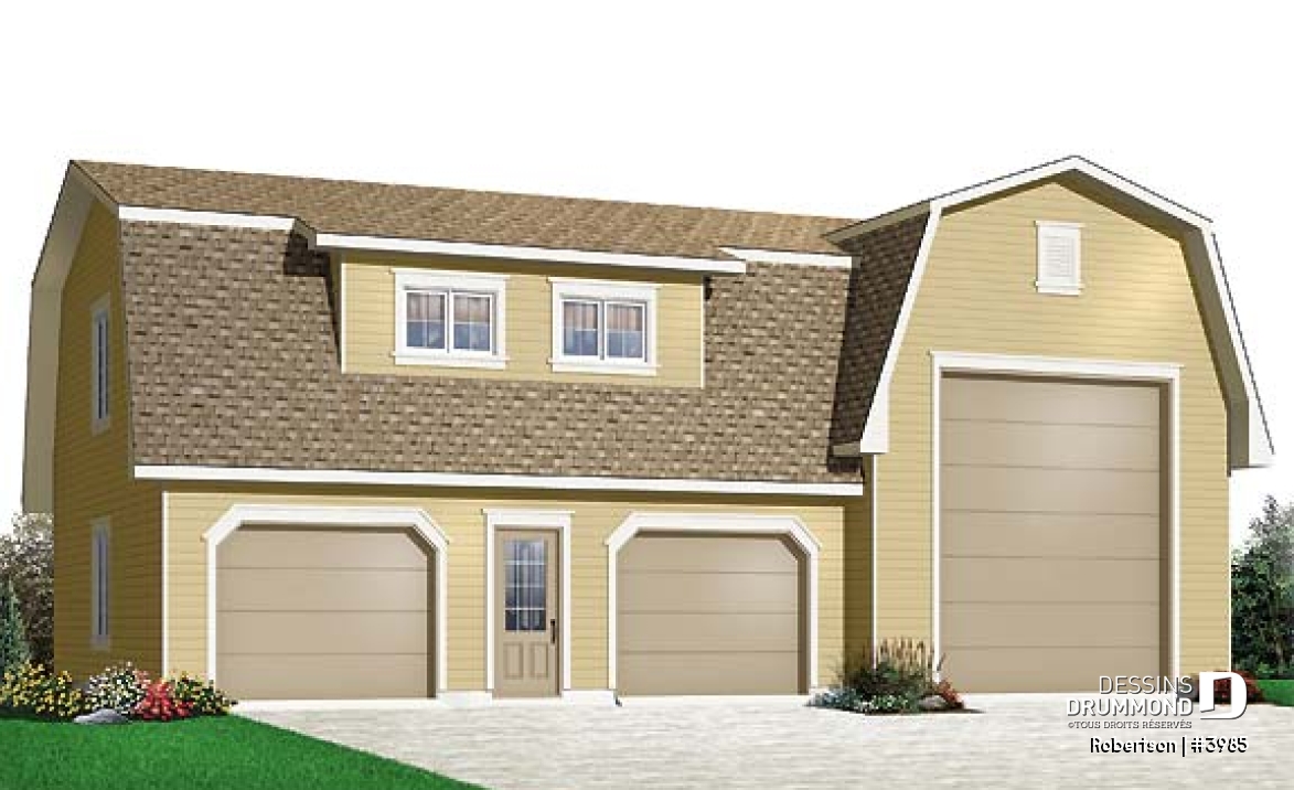 Vue avant - MODÈLE DE BASE - Plan de garage triple: garage pour véhicule récréatif (VR) et garage double pour 2 autres véhicules - Robertson