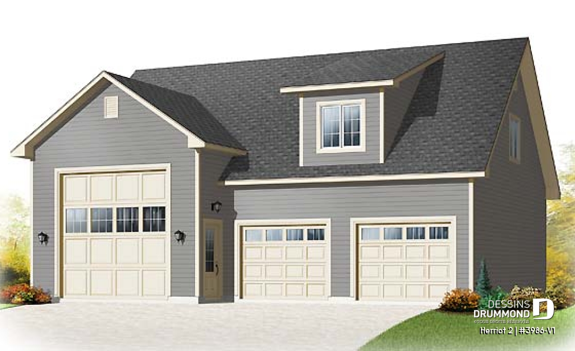 Vue avant - MODÈLE DE BASE - Plan de garage triple pour voitures et VR véhicule récréatif, avec espace boni à l'étage - Herriot 2