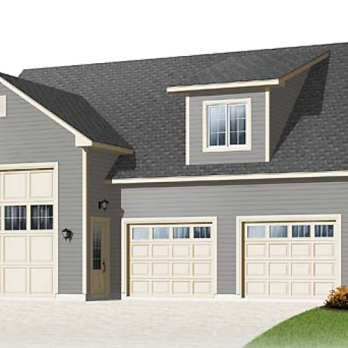 Vue avant - MODÈLE DE BASE - Plan de garage triple pour voitures et VR véhicule récréatif, avec espace boni à l'étage - Herriot 2