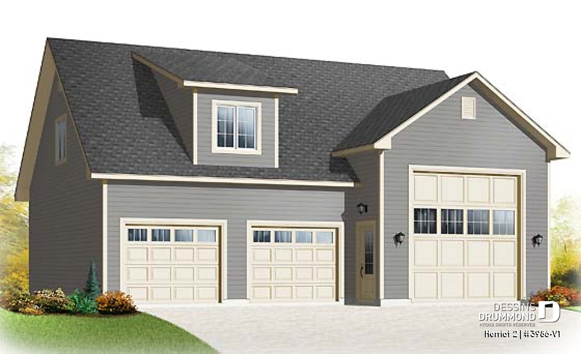 Vue avant - MODÈLE DE BASE - Plan de garage triple pour voitures et VR véhicule récréatif, avec espace boni à l'étage - Herriot 2
