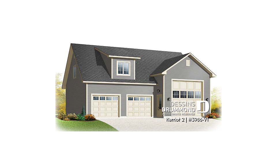 Vue avant - MODÈLE DE BASE - Plan de garage triple pour voitures et VR véhicule récréatif, avec espace boni à l'étage - Herriot 2