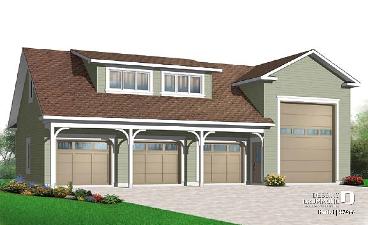Vue avant - MODÈLE DE BASE - Plan de garage quadruple à étages avec grand espace pour véhicule récréatif, plan de garage pour VR - Herriot