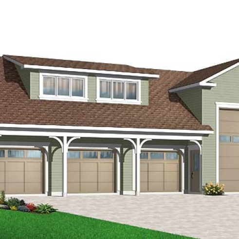 Vue avant - MODÈLE DE BASE - Plan de garage quadruple à étages avec grand espace pour véhicule récréatif, plan de garage pour VR - Herriot