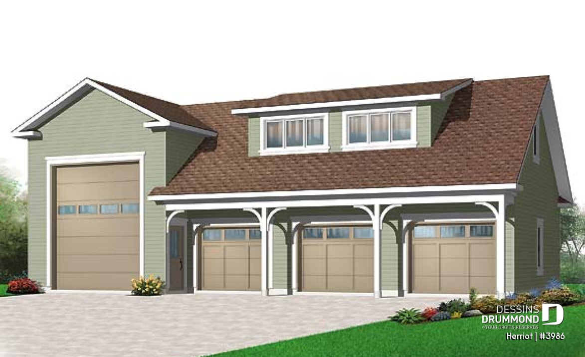 Vue avant - MODÈLE DE BASE - Plan de garage quadruple à étages avec grand espace pour véhicule récréatif, plan de garage pour VR - Herriot