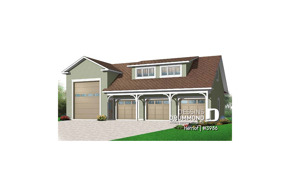 Vue avant - MODÈLE DE BASE - Plan de garage quadruple à étages avec grand espace pour véhicule récréatif, plan de garage pour VR - Herriot