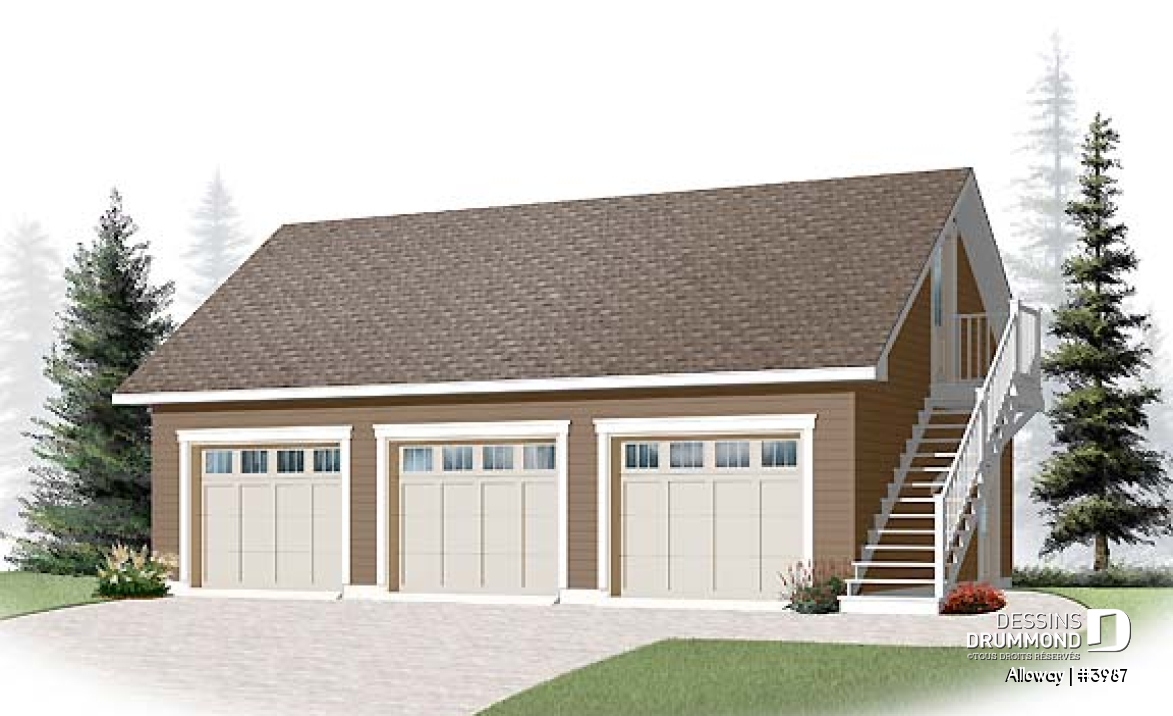 Vue avant - MODÈLE DE BASE - Plan de garage triple à étages, avec espace boni au deuxième, à aménager - Alloway