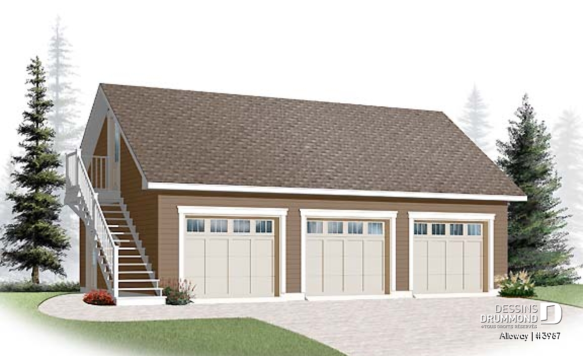 Vue avant - MODÈLE DE BASE - Plan de garage triple à étages, avec espace boni au deuxième, à aménager - Alloway