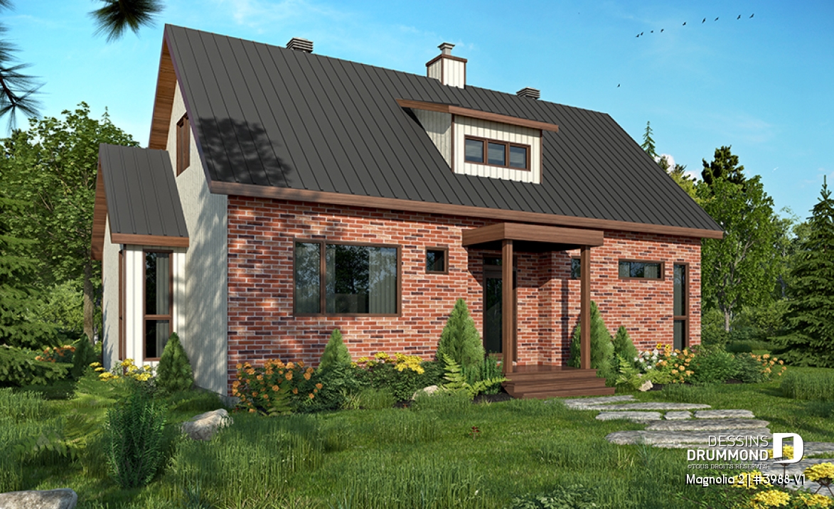 Vue avant - MODÈLE DE BASE - Maison de style fermette moderne à aire ouverte avec foyer, cuisine avec îlot, salle de bain privé aux parents - Magnolia 2
