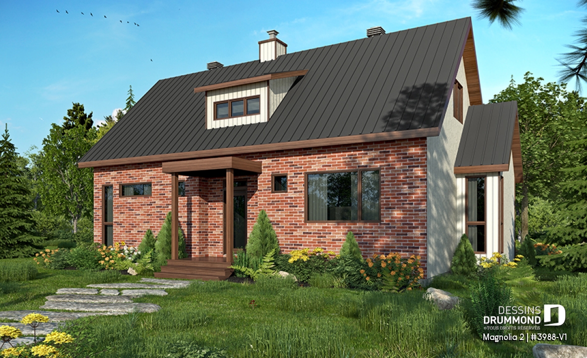 Vue avant - MODÈLE DE BASE - Maison de style fermette moderne à aire ouverte avec foyer, cuisine avec îlot, salle de bain privé aux parents - Magnolia 2