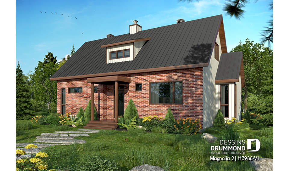 Vue avant - MODÈLE DE BASE - Maison de style fermette moderne à aire ouverte avec foyer, cuisine avec îlot, salle de bain privé aux parents - Magnolia 2