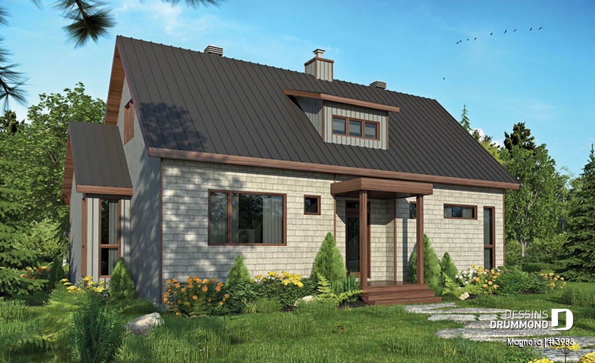Version couleur no. 2 - Vue avant - Maison de style fermette moderne à aire ouverte avec foyer, cuisine avec îlot, salle de bain privé aux parents - Magnolia