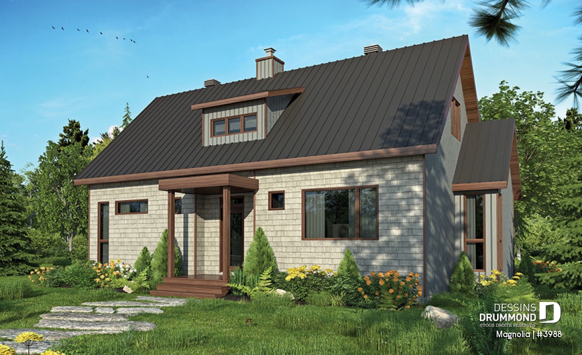 Version couleur no. 2 - Vue avant - Maison de style fermette moderne à aire ouverte avec foyer, cuisine avec îlot, salle de bain privé aux parents - Magnolia