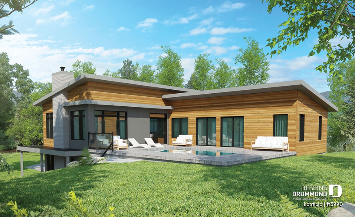 Vue arrière - MODÈLE DE BASE - Plan maison 2 à 4 chambres, intergénérationnelle, aménagement pour maximiser la vue sur piscine - Laeticia