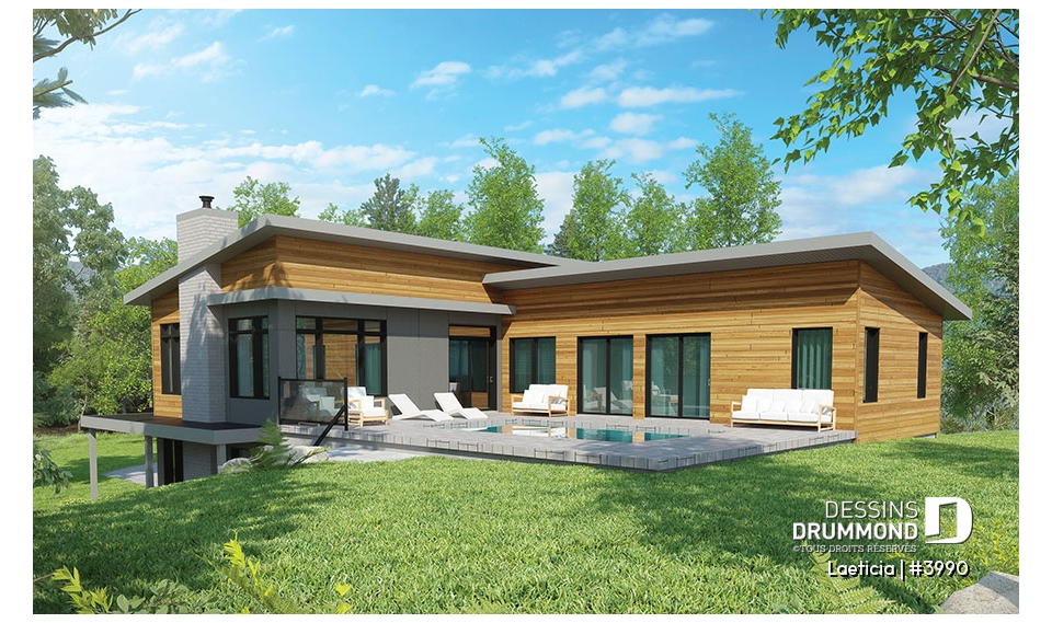 Vue arrière - MODÈLE DE BASE - Plan maison 2 à 4 chambres, intergénérationnelle, aménagement pour maximiser la vue sur piscine - Laeticia